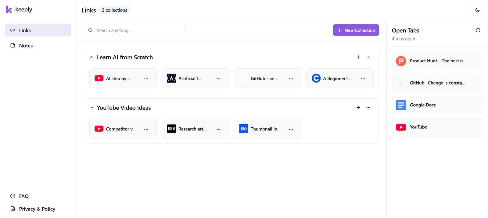 Screenshot of a browser extension interface showing a ‘Links’ page with multiple collections displayed in a clean, organized layout. Each collection contains saved links grouped into cards or sections, suggesting a bookmarking or productivity tool for managing and organizing web resources.