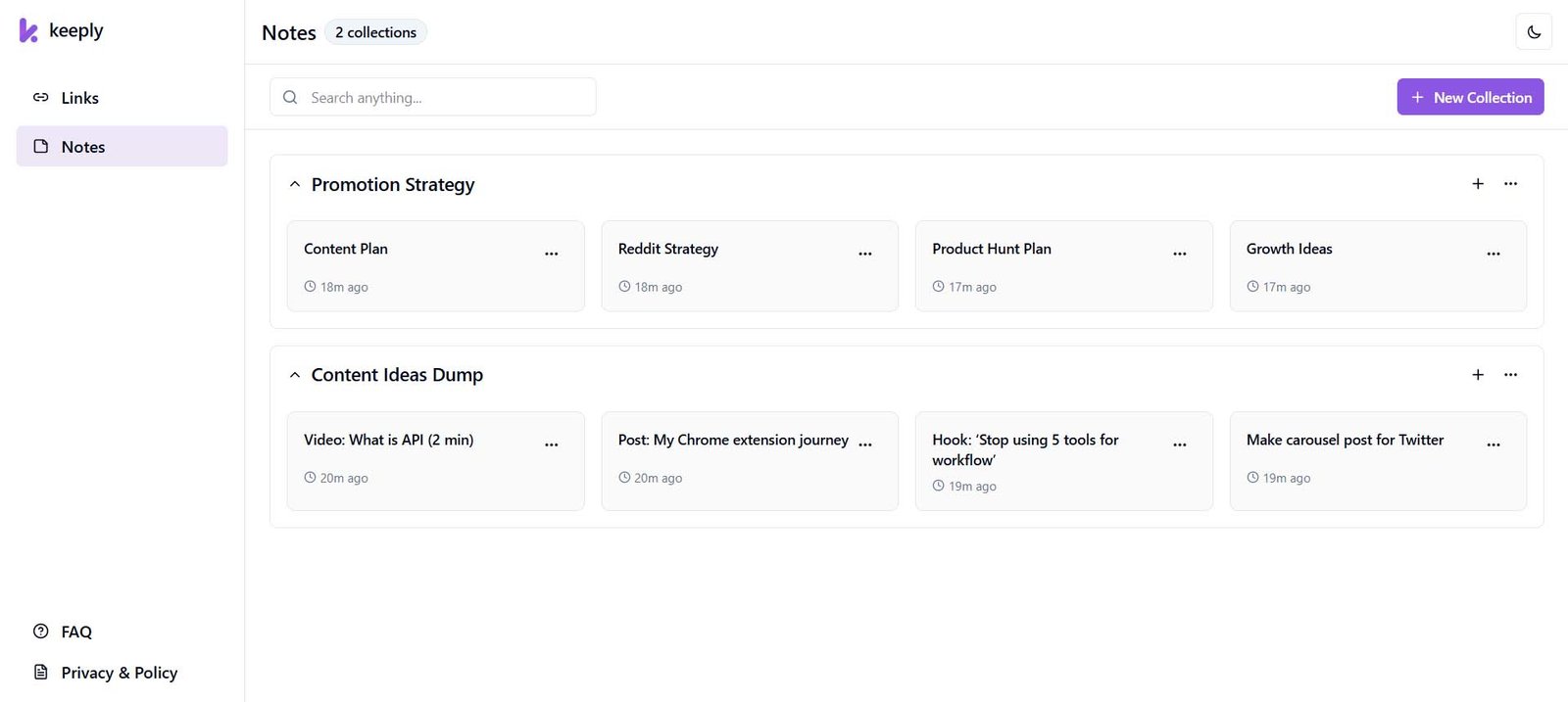 Screenshot of a browser extension interface showing a ‘Notes’ page with multiple collections displayed in a clean, organized layout. Each collection contains saved notes grouped into cards or sections, suggesting a productivity tool for managing and organizing web resources.
